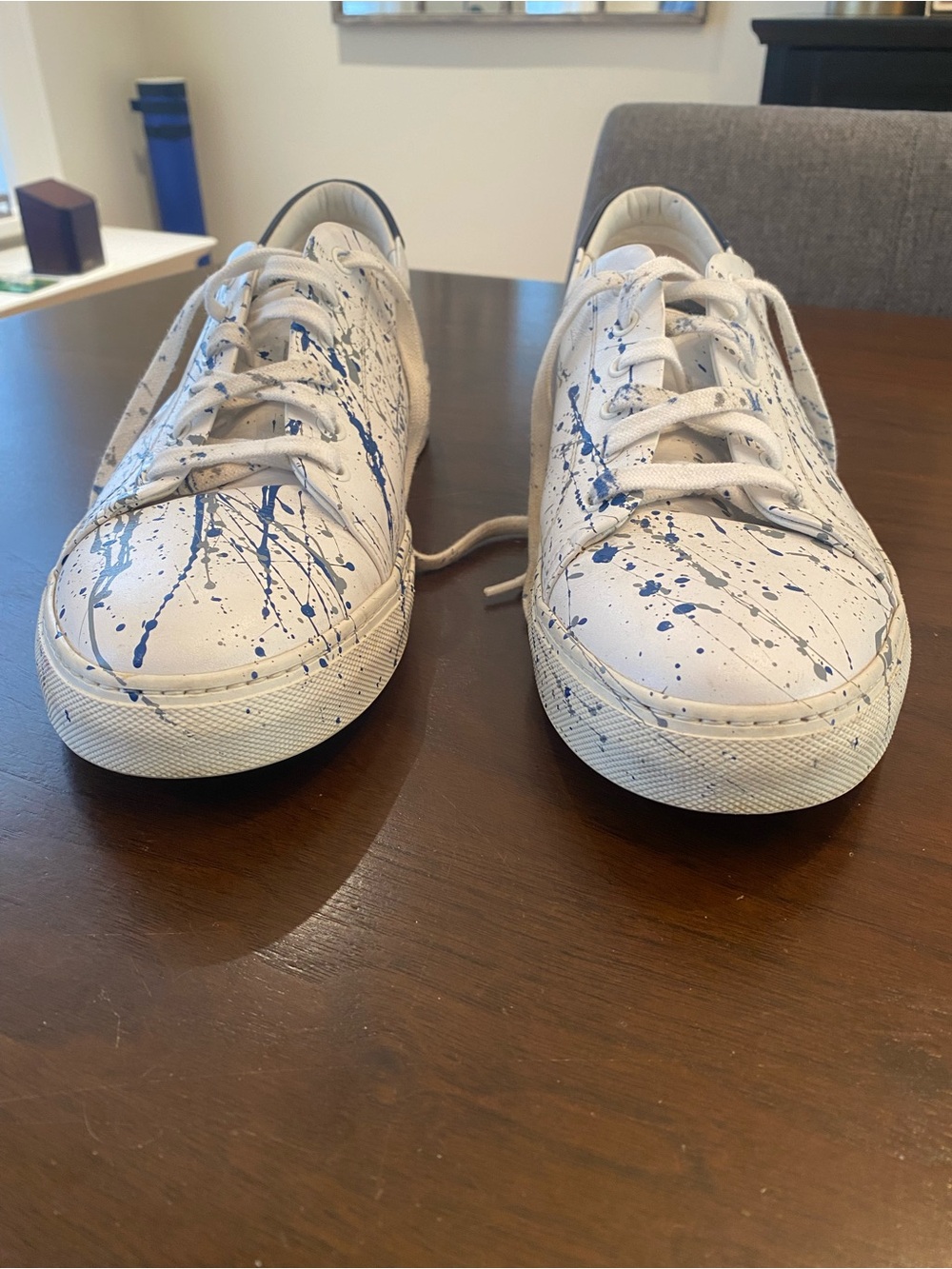 A. Domeiotti White Sneakers with Blue and Gray Paint Splatter